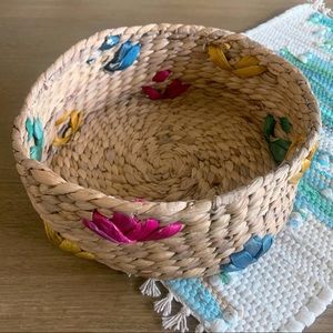 Round Floral Motif Woven Basket Boho Home Decor